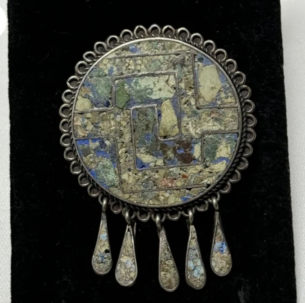 Tаxcо TCM Mexico Sterling Silver Turquoise& Azurite Inlay Dangle Pendant & Pin